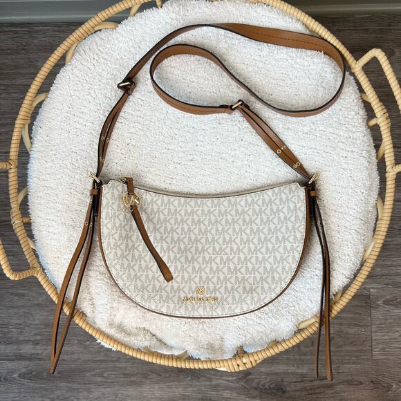 Michael Kors Half Moon White Monogrammed Leather Tassel Side Body Purse - Picture 1 of 12